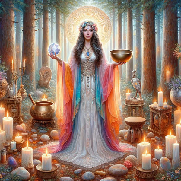 Geheimnis der Geistigen Heiler heilerin im wald klangschale mit kristall KI unterstützt erstellt