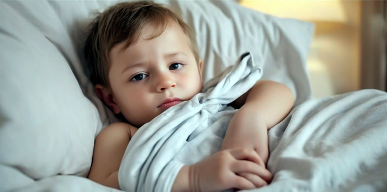 Wadenwickeln krankes Kind liegt im Bett